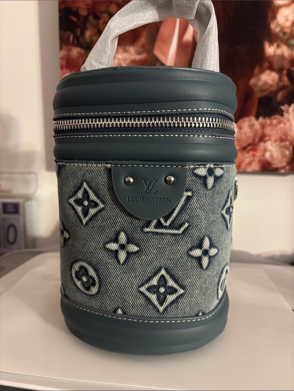 Crossbody  Denim Monogram Cylinder Vanity Case in Teal